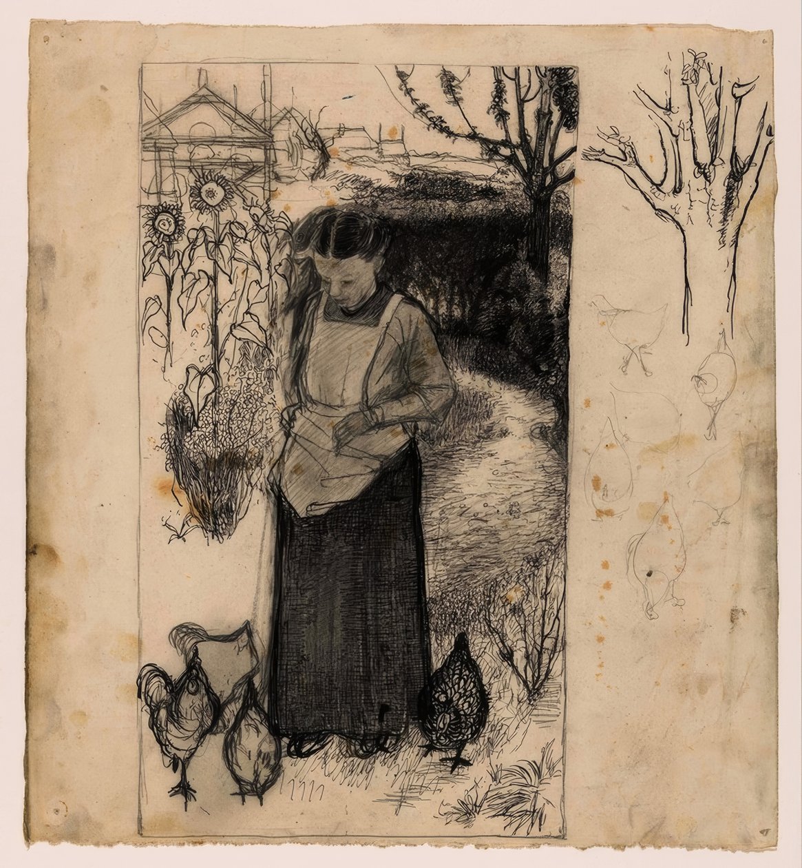 Annie Mankes-Zernike alimentando gallinas, derecha: estudios de un árbol y gallinas de Jan Mankes