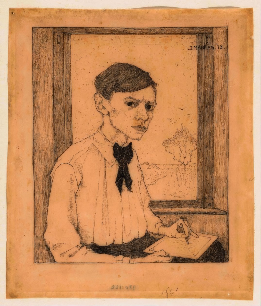 Autorretrato, tres cuartos a la derecha, dibujando frente a la ventana de Jan Mankes