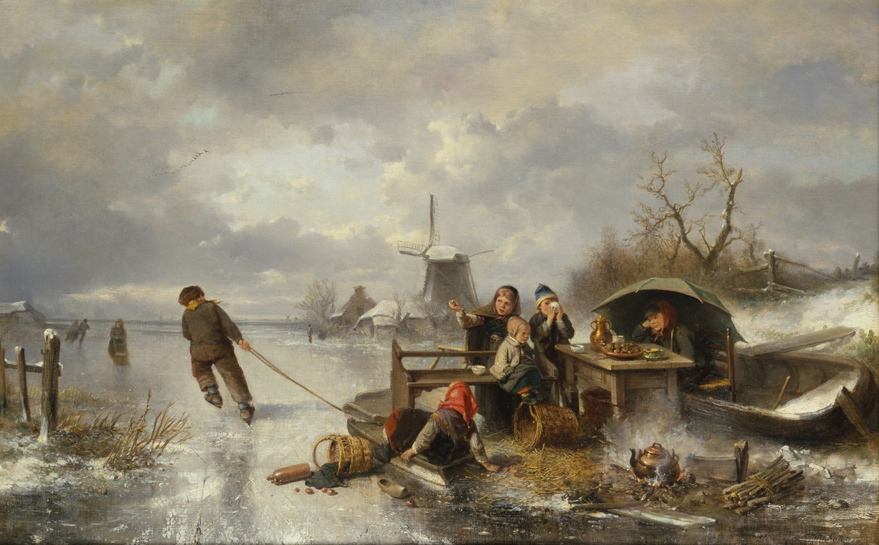 Niños jugando en un lago congelado en un paisaje invernal de Jan Mari Henri Ten Kate