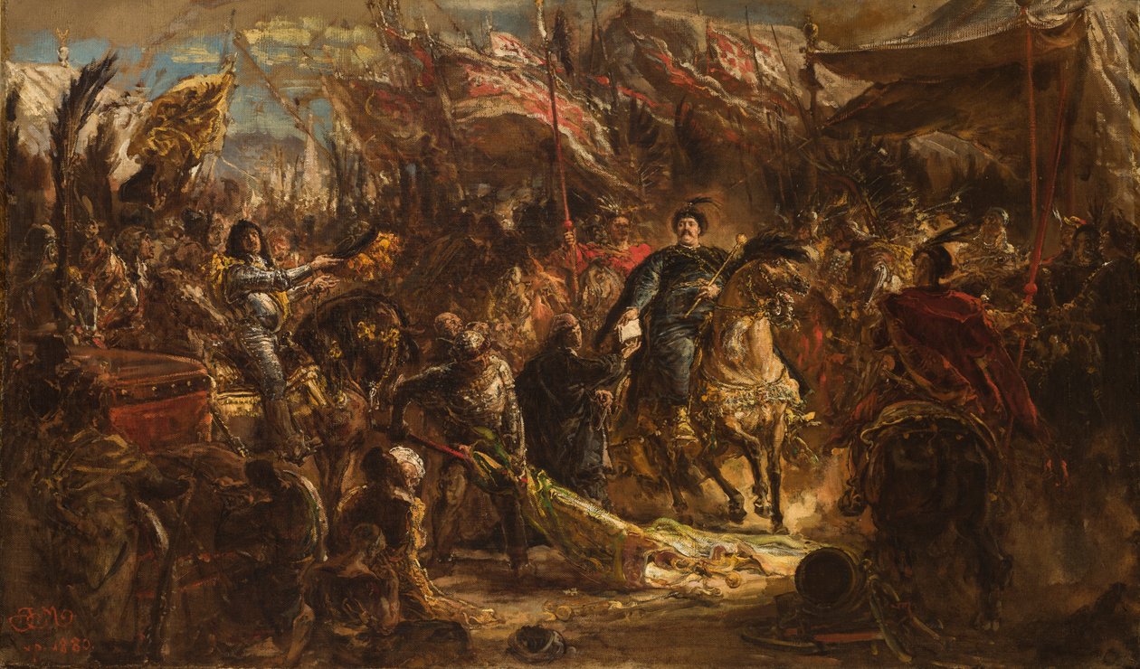 Jan III Sobieski entrega al canónigo Denhoff una carta al papa con la noticia de la victoria sobre los turcos en Viena en 1683 de Jan Matejko