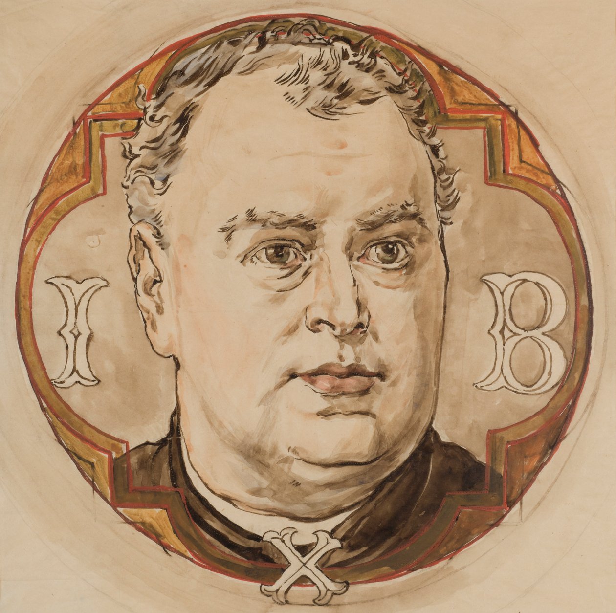 Cartón para la policromía de la iglesia de Santa María - Cabeza masculina y letras «I, B, X» (padre Jan Bukowski) de Jan Matejko