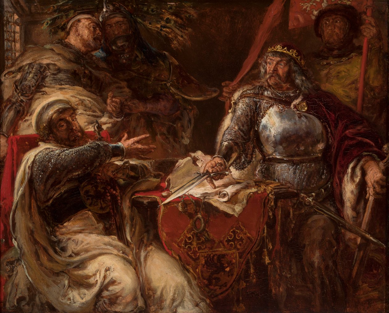 El rey Władysław Łokietek rompe las negociaciones con los Caballeros Teutónicos de Jan Matejko