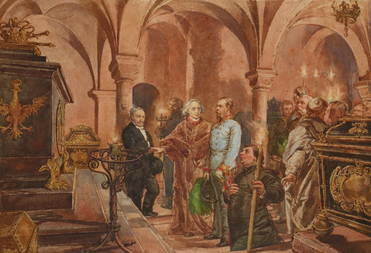 Polaco: Emperador ante el sarcófago del rey Jan III Sobieski en la cripta de San Leonardo de la catedral de Wawel de Jan Matejko
