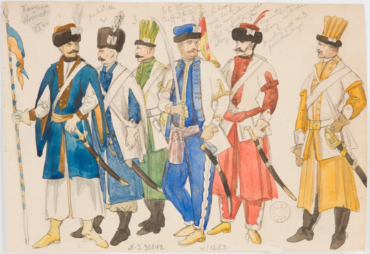 Estudios de vestuario: una serie de personajes masculinos con uniformes militares de Jan Matejko