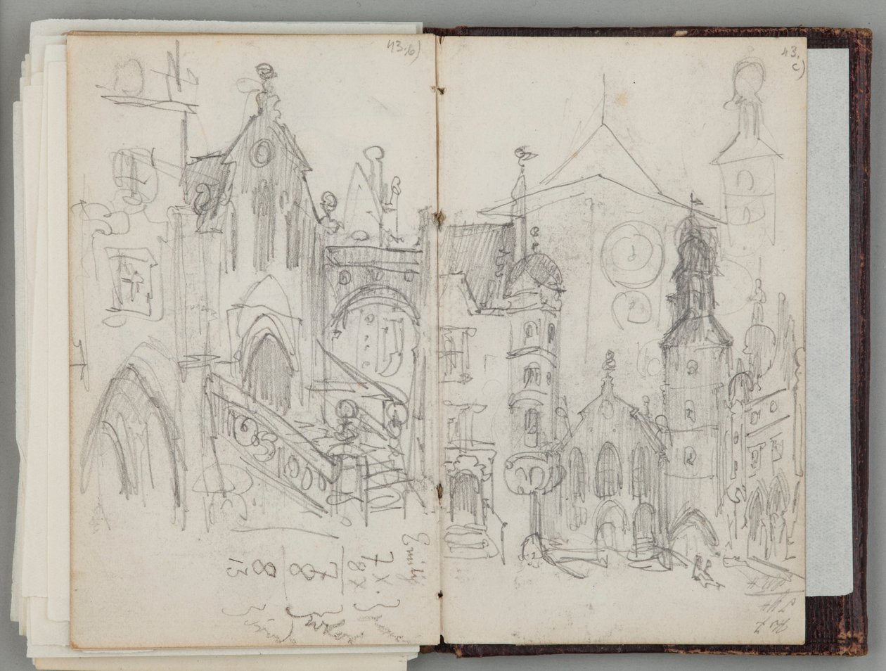 Cuaderno de bocetos muniqués de Jan Matejko. Dibujo por una sola cara. Anverso: estudio de la antigua Marienplatz de Múnich y estudio de torres. de Jan Matejko