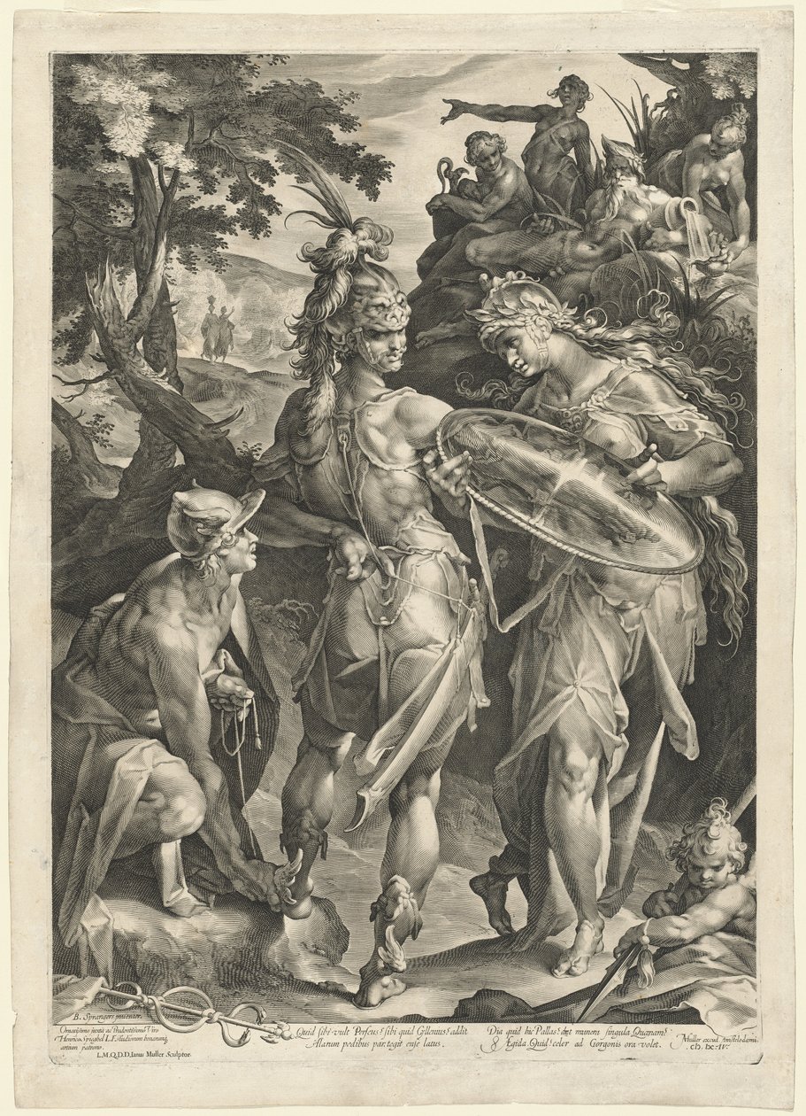 Minerva y Mercurio armando a Perseo de Jan Muller, after Bartholomaeus Spranger
