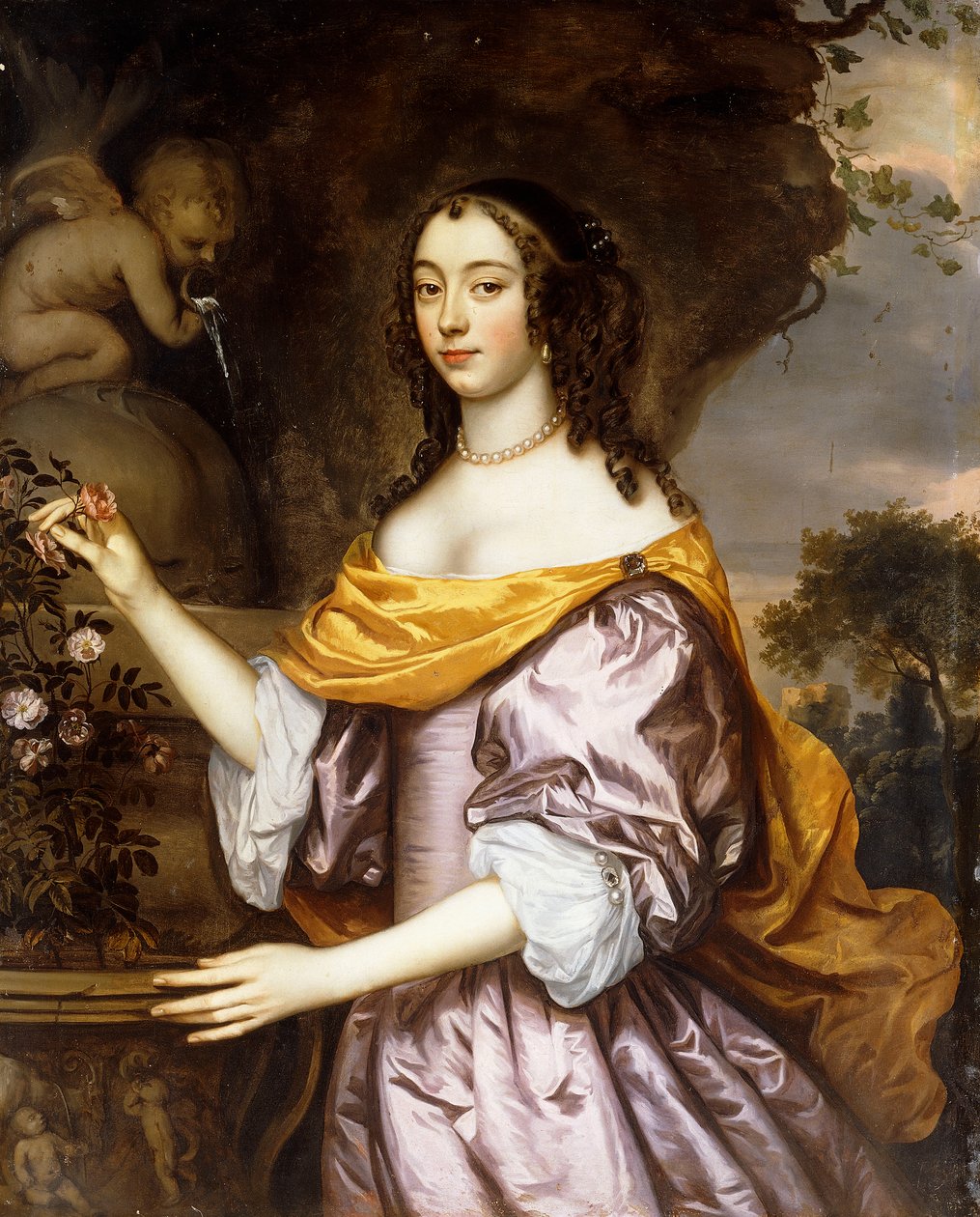 Retrato de una dama, de pie, tres cuartos de longitud, con un vestido de seda lavanda y un chal amarillo de Jan Mytens