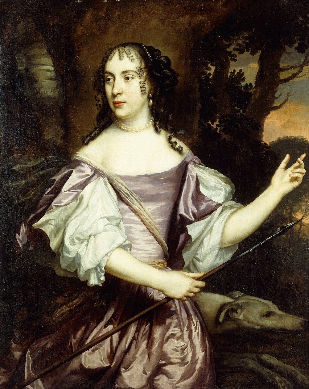 Retrato de una Dama, de pie tres cuartos de longitud, vistiendo un Vestido de Satén Lavanda y Blanco de Jan Mytens