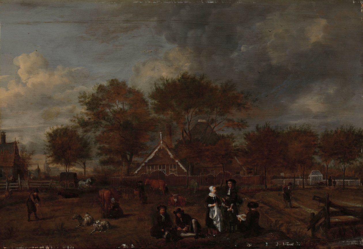 Granja con el caballero granjero y su esposa y el pintor en primer plano de Jan Pietersz Opperdoes
