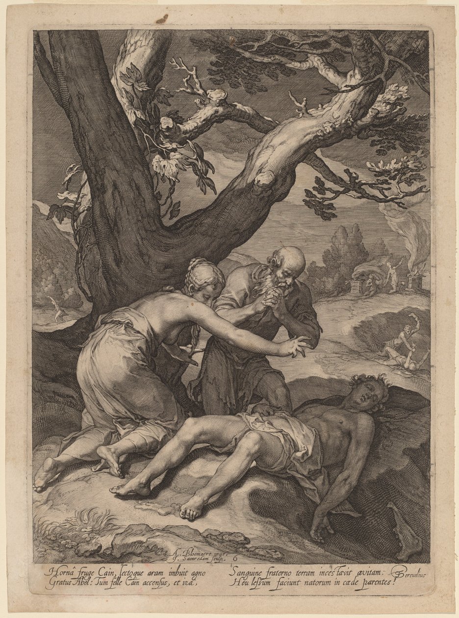 Adán y Eva lamentando sobre el cadáver de Abel de Jan Pietersz Saenredam after Abraham Bloemaert
