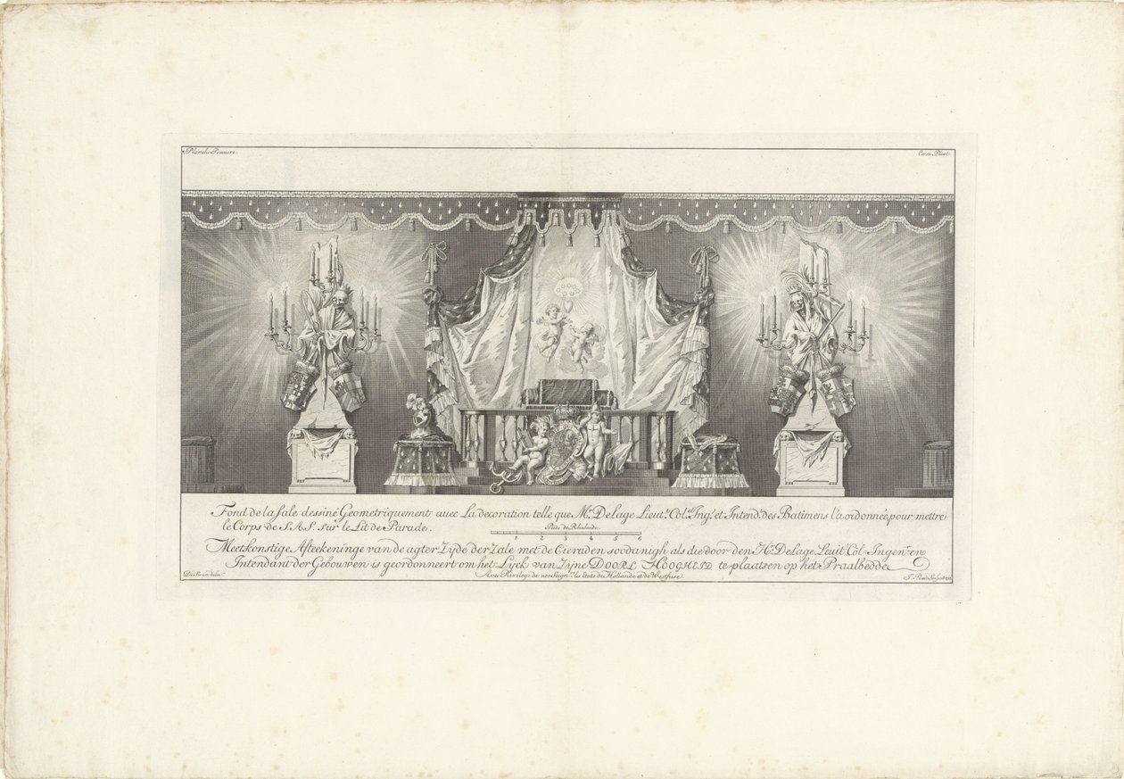 Parte trasera de la sala con la majestad del príncipe Guillermo IV, 1751 Fond de la sale dessiné Geometriquement (...) / Meetkonstige Afteekeninge de la parte posterior Zijde der Zale con el Cieraden soodanigh como los de den Hr. Delage Leuit. Col: Ingen.r de Jan Punt