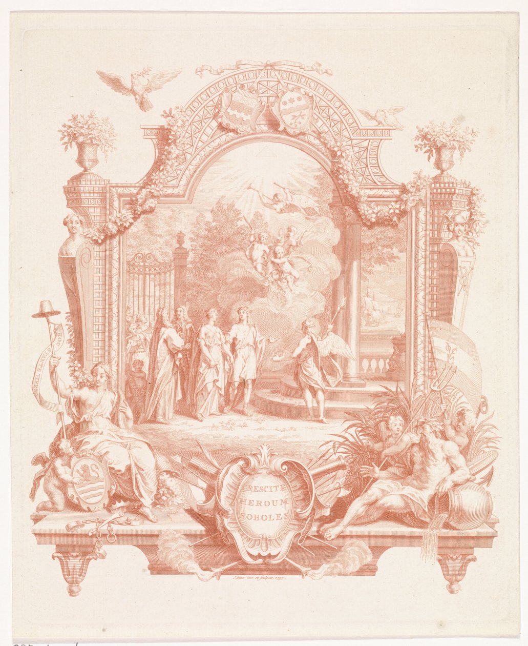 Representación alegórica con motivo del matrimonio de Arnout van Citters y Sara Jacoba Ockerse
Crescite heroum soboles (título en el objeto) de Jan Punt