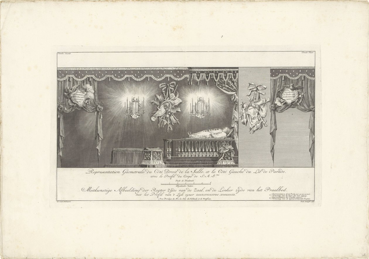 Lado derecho del salón con la majestad del príncipe Guillermo IV, 1751 Representación Geometrale du Côte Droit (...) / Meetkonstige Imagen del lado derecho de la sala y del lado izquierdo de la cama Splendor, con el perfil de 