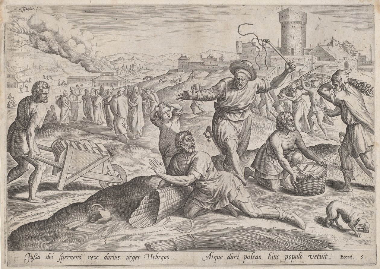El capataz del faraón golpeando a los israelitas de Jan Sadeler I, Maarten van Cleef