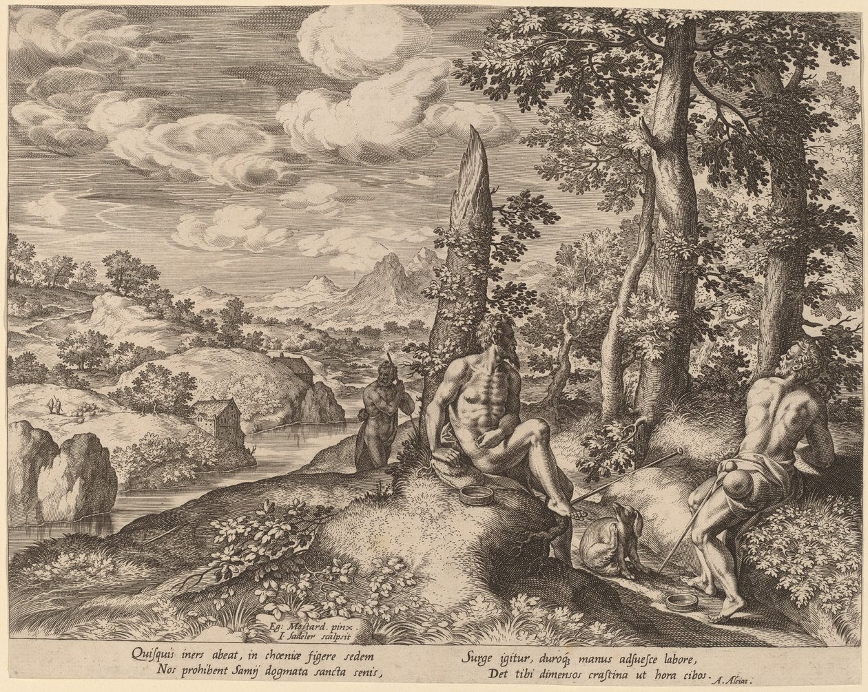 Paisaje con tres hombres desnudos y un perro de Jan Sadeler I after Gillis Mostaert