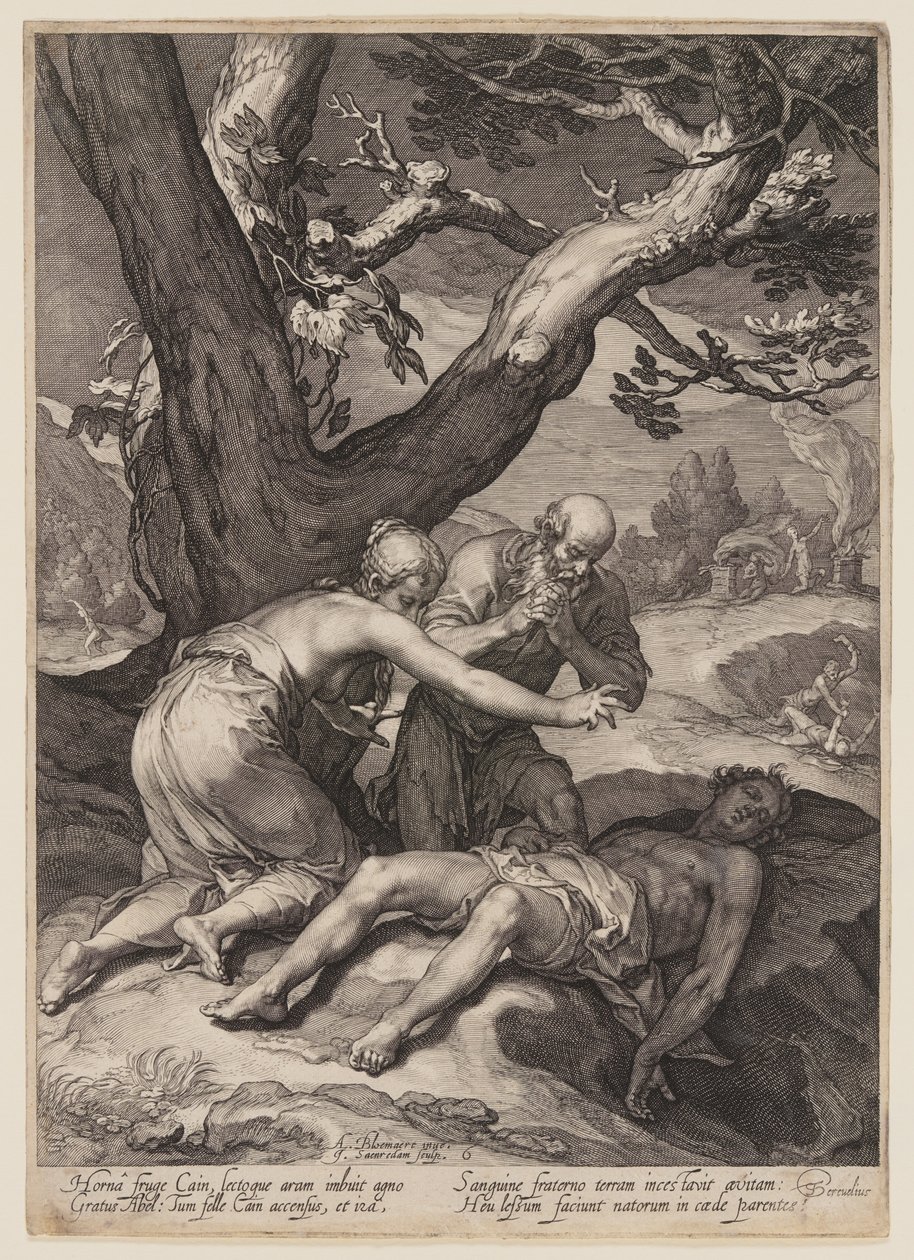 Adán y Eva se lamentan ante el cadáver de Abel, de Historia de los primeros padres del hombre de Jan Saenredam