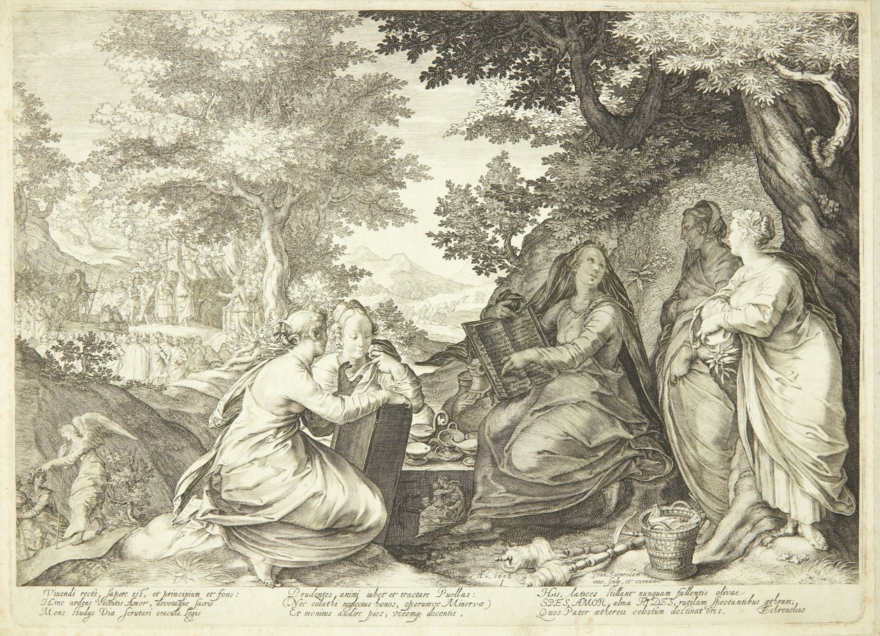 Las vírgenes prudentes reunidas en un paisaje, en el fondo Juan el Bautista predicando de Jan Saenredam
