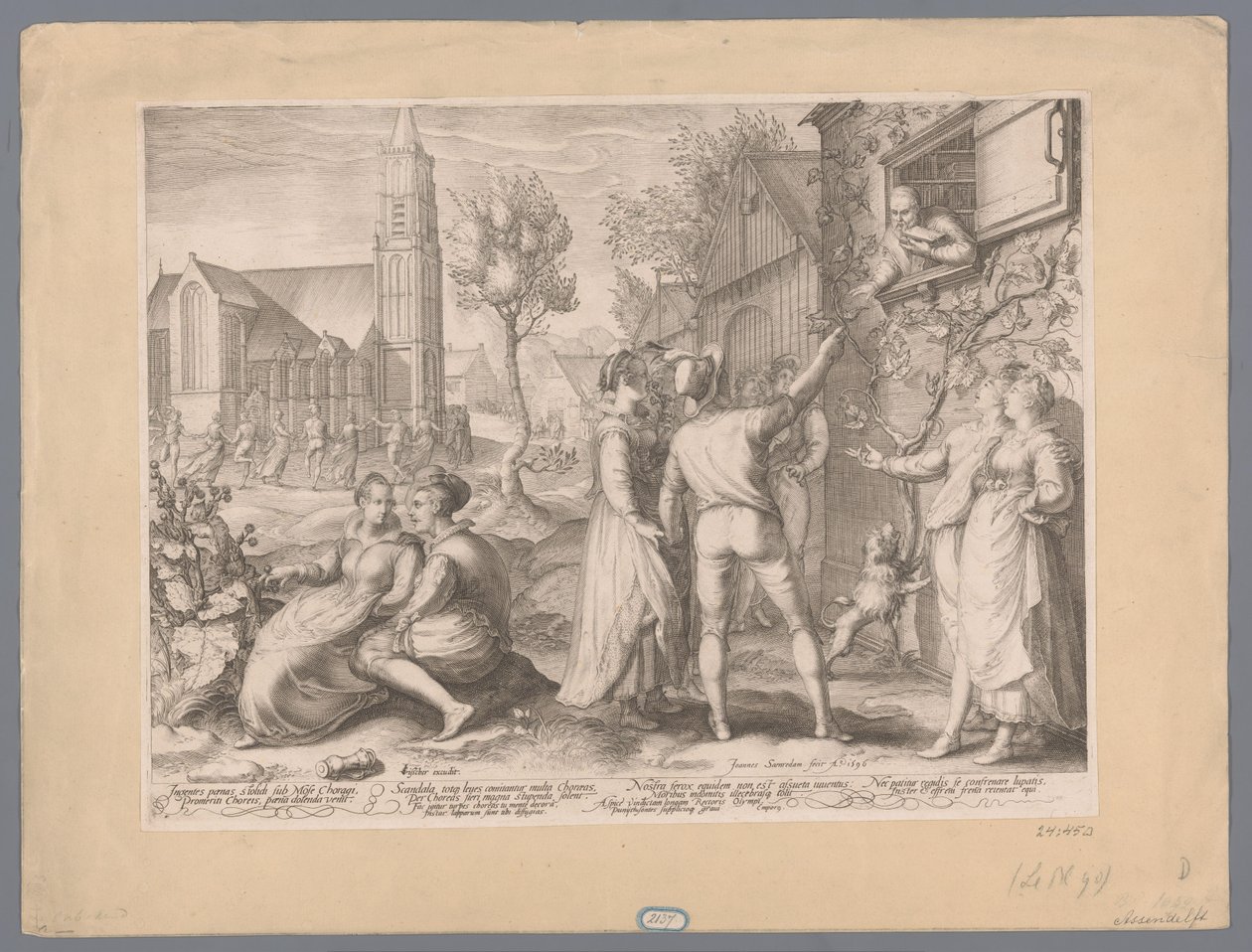 Parejas jóvenes divirtiéndose y bailando, 1596
Ingentes panas stolich sub Mose Choragi Promeriti Choreis, pana dolenda venit (...) (título en el objeto) de Jan Saenredam