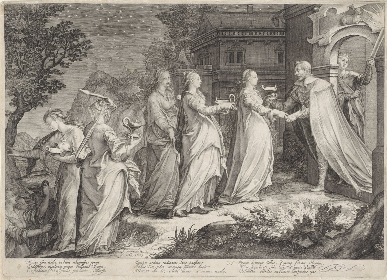 Recibimiento de las vírgenes sabias por parte del novio Parábola de las vírgenes sabias y necias (título de la serie) de Jan Saenredam