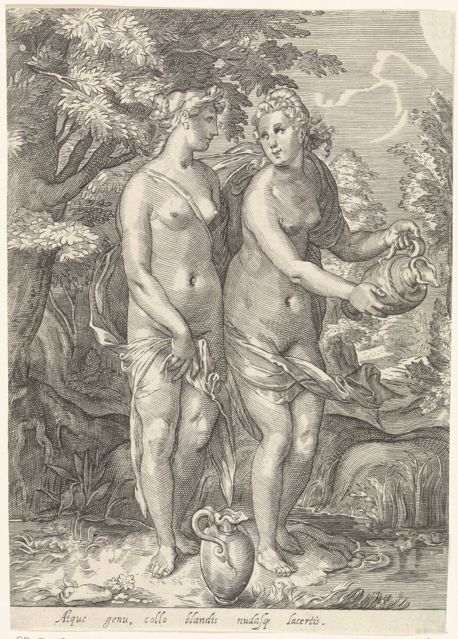 Dos de las ninfas de Diana junto a un arroyo Diana y sus ninfas (título de la serie) de Jan Saenredam