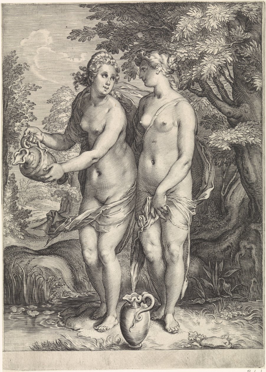 Dos de las ninfas de Diana junto a un arroyo Diana y sus ninfas (título de la serie) de Jan Saenredam