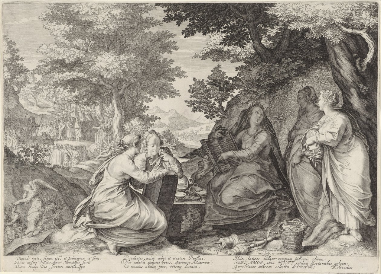 Cinco Vírgenes Sabias en un Paisaje con la Predicación de Juan Bautista Parábola de las vírgenes sabias y necias (título de la serie) de Jan Saenredam