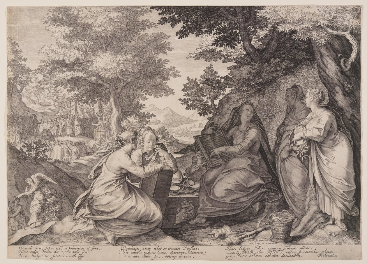 Vírgenes prudentes reunidas en un paisaje ante la predicación del Bautista, de la parábola de las vírgenes prudentes e insensatas de Jan Saenredam