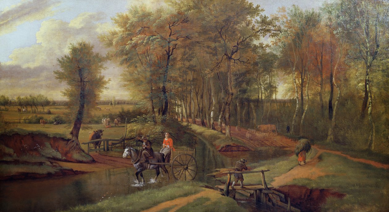 Paisaje Fluvial Boscoso con Figuras, Caballo y Carro, 1692 de Jan Siberechts