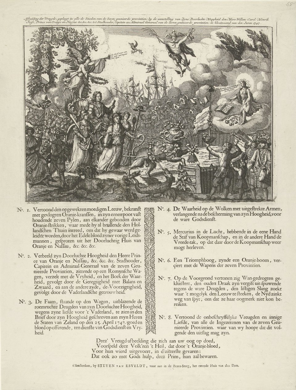 Alegoría del nombramiento de Guillermo IV como estatúder de la República, 1747 Imagen de la Alegría, cometida en todo el Steeden de las Siete provincias unidas, por el nombramiento de (...) Willem Carel Henrik Friso (...) como Stadtholder, Capitein y de Jan Smit (II)