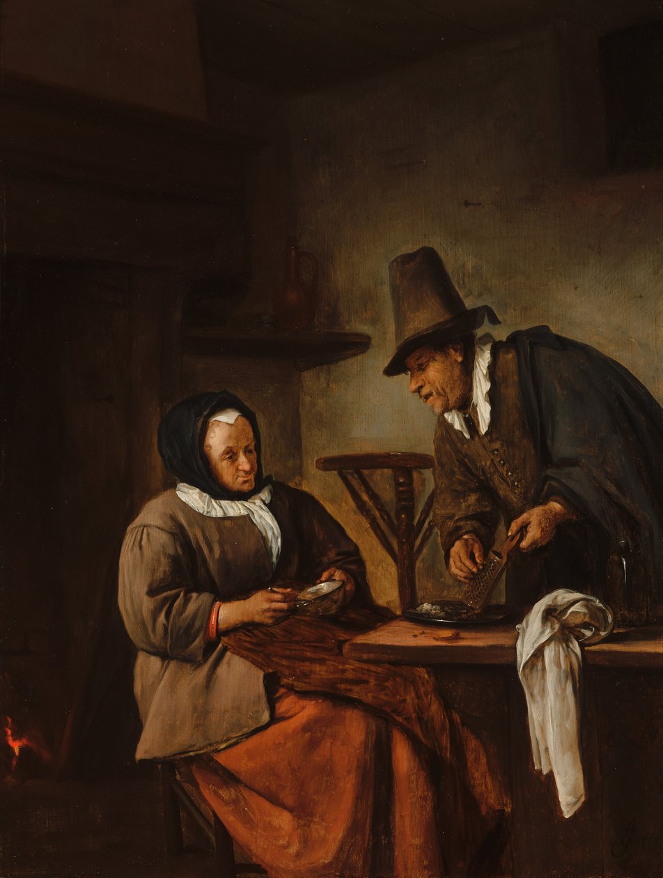 Una pareja de ancianos preparando una bebida caliente de Jan Steen