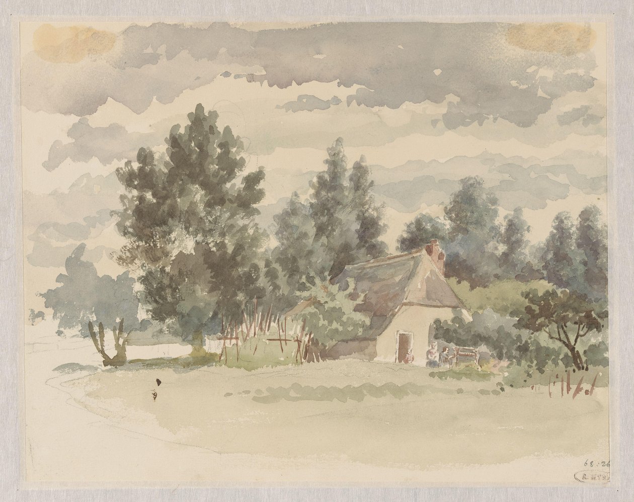 Paisaje con granja rodeada de árboles de Jan Striening