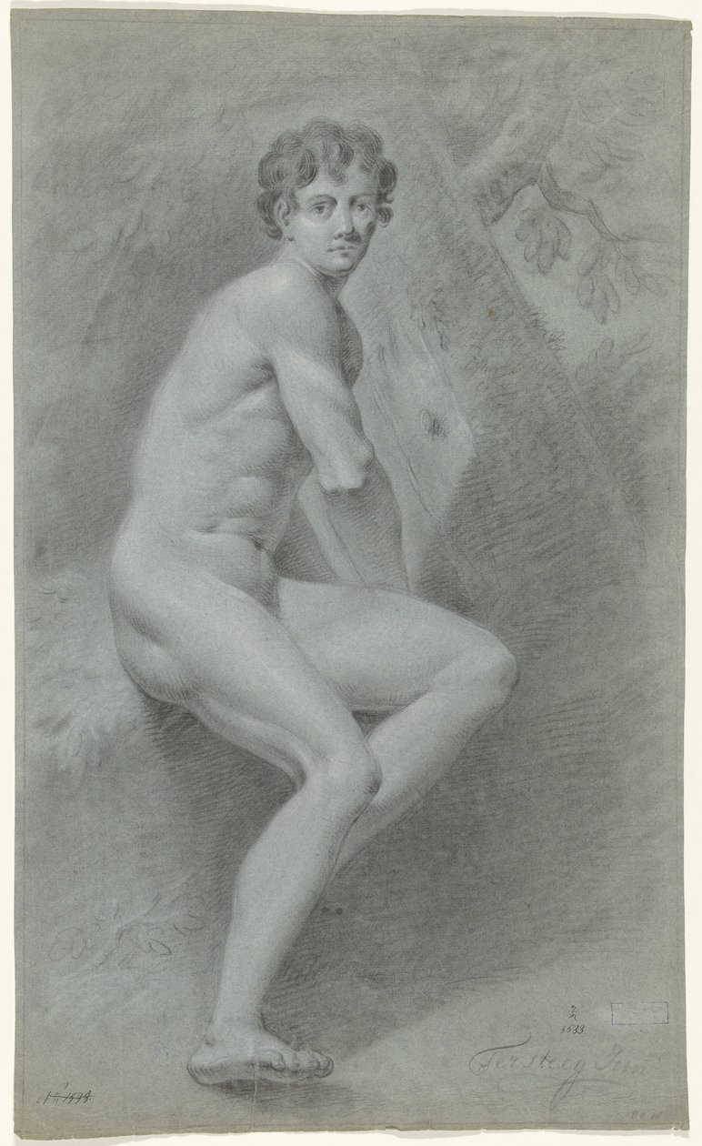 Desnudo masculino sentado, mirando a la derecha, delante de un árbol de Jan Tersteeg (possibly)