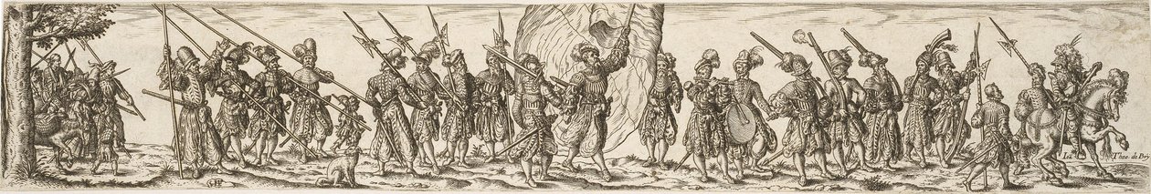 Desfile de soldados, en el centro un abanderado de Jan Theodor de Bry