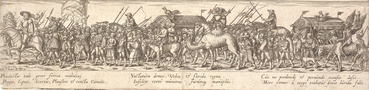 Tropa de soldados con carro de equipaje y la Muerte a caballo de Jan Theodor de Bry