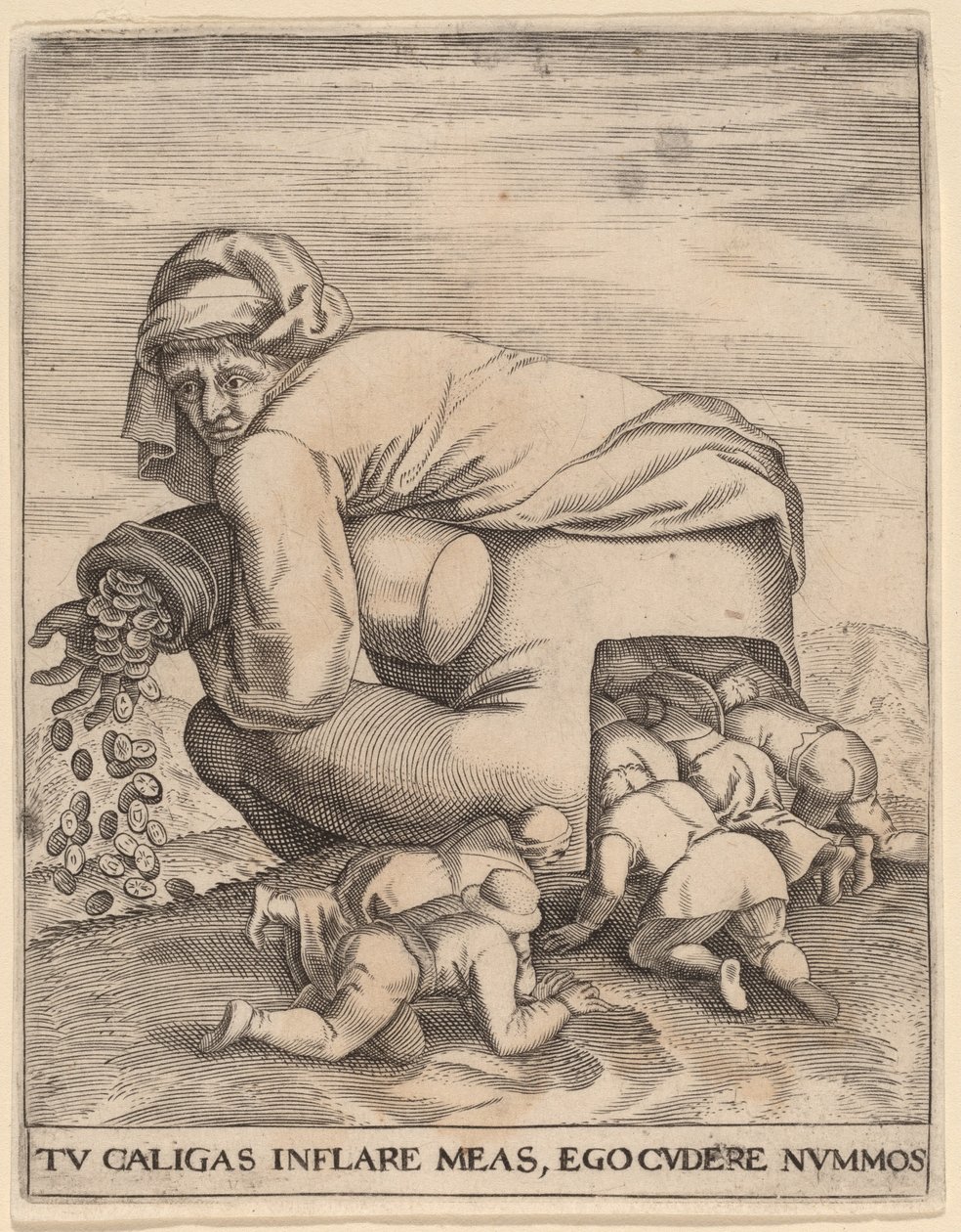 El Hombre con la Bolsa de Dinero y Sus Aduladores de Jan Theodor de Bry after Pieter Bruegel the Elder