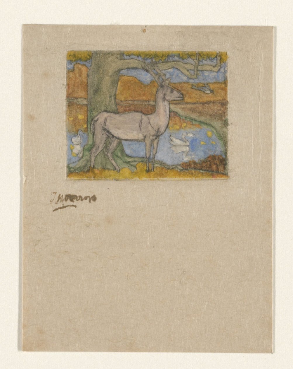 Un ciervo junto a un árbol frente a un estanque
Ciervo junto a un árbol (título original) de Jan Toorop (signed by artist)