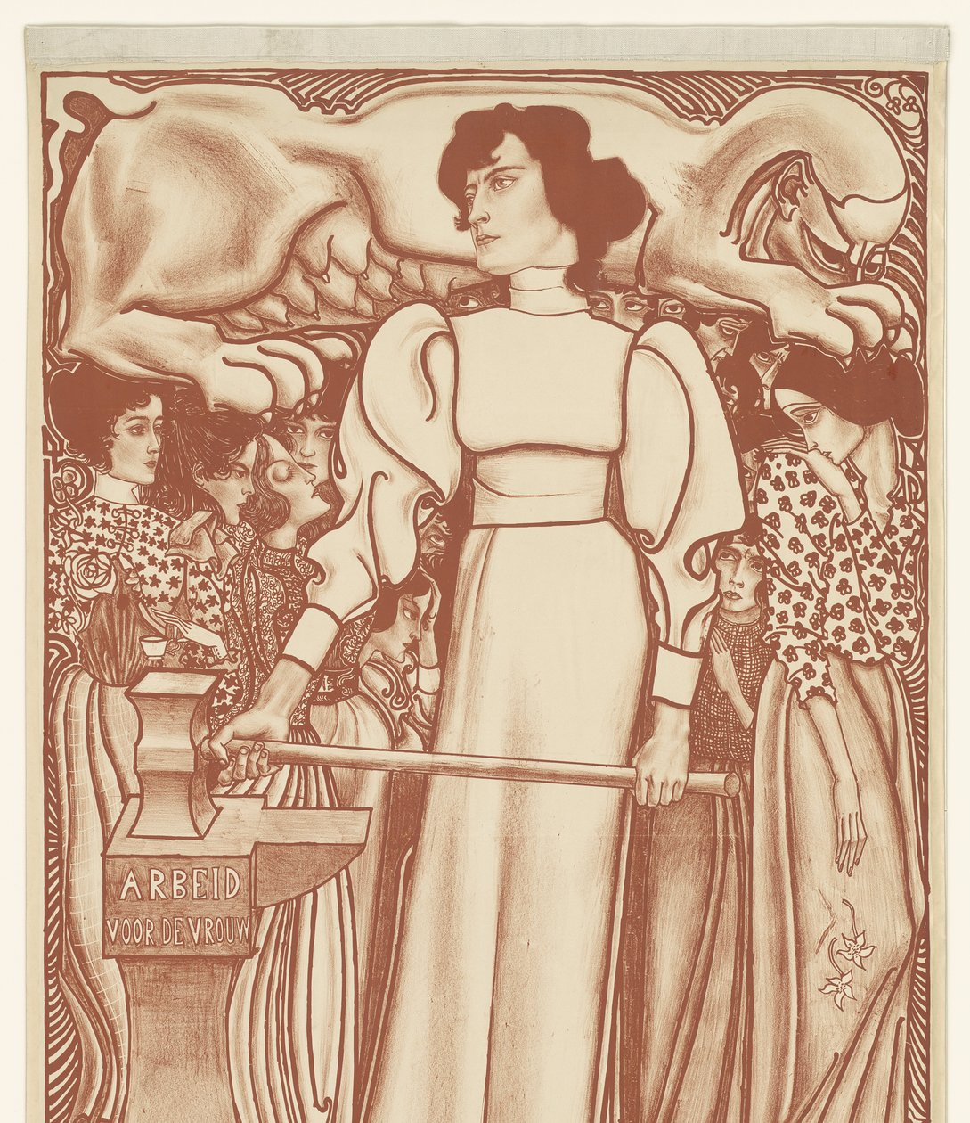 Trabajo para las mujeres. Billetes de lotería para la Exposición Nacional del Trabajo Femenino a 50 céntimos disponibles en el recinto y en los depósitos. Primer premio: una joya por valor de 1.000 euros (título en el objeto) de Jan Toorop