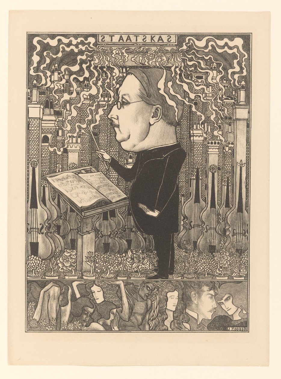 Director de orquesta tras los violines y las chimeneas humeantes
De Staatskas / De Haardsteden (título original) de Jan Toorop