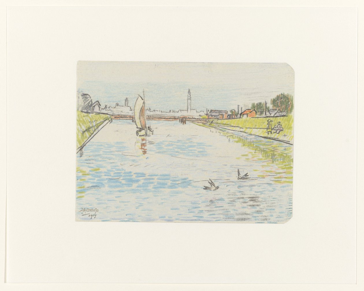 Vista de un canal con un barco de vela de Jan Toorop