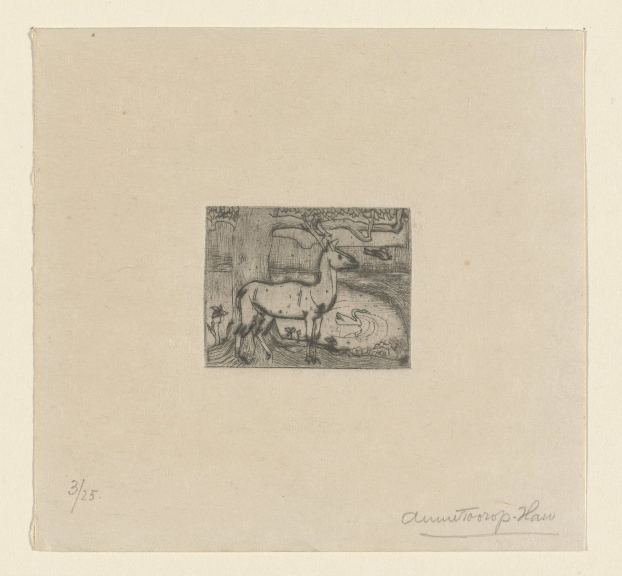 Un ciervo junto a un árbol frente a un estanque
Ciervo junto a un árbol (título original) de Jan Toorop
