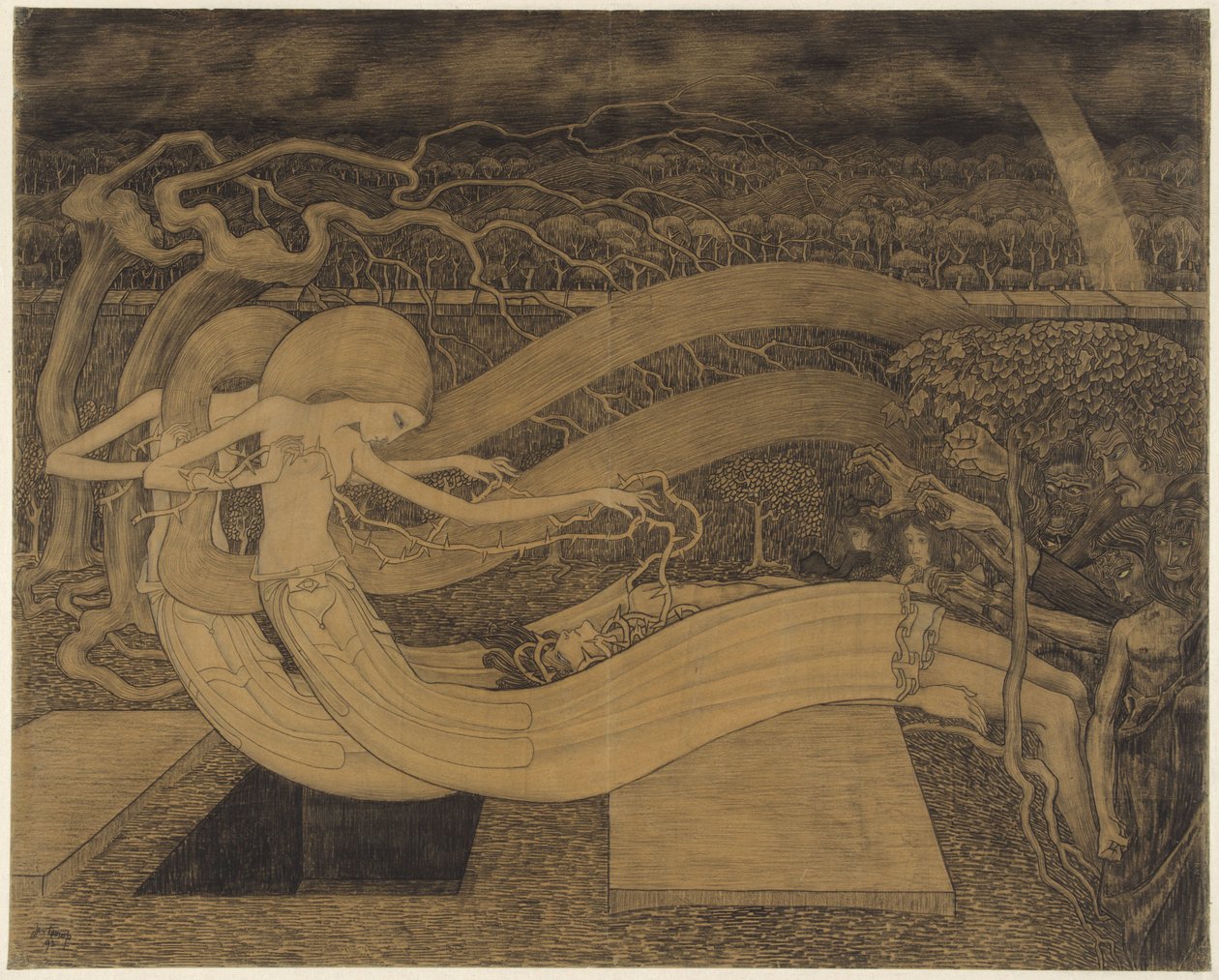 Oh, tumba, ¿dónde está tu victoria?
Dos mujeres junto a un hombre y una tumba abierta
Oh, tumba, dónde está tu victoria de Jan Toorop