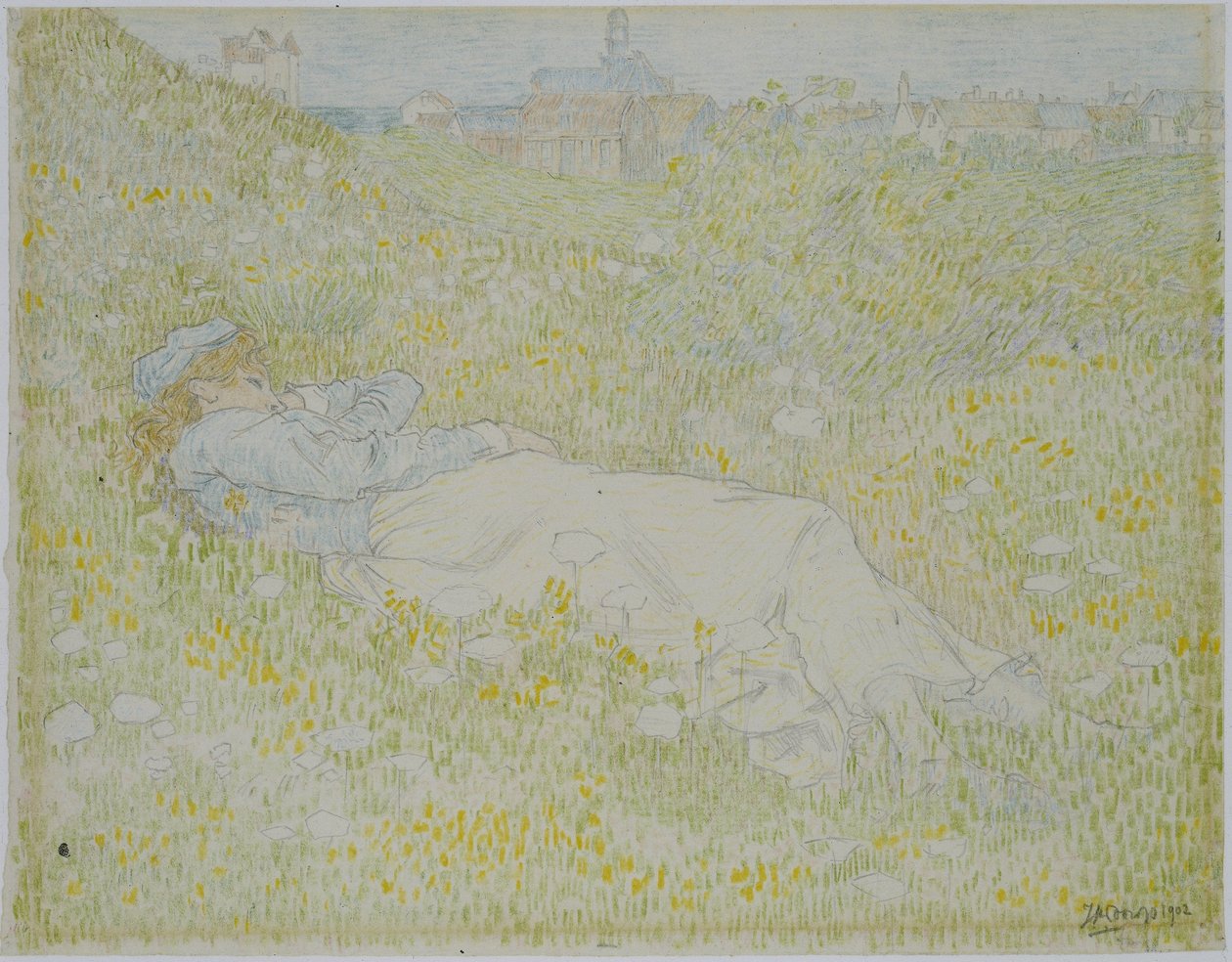 Mujer tumbada en las dunas cerca de Noordwijk
Chica tumbada en la hierba con la silueta de Noordwijk al fondo de Jan Toorop