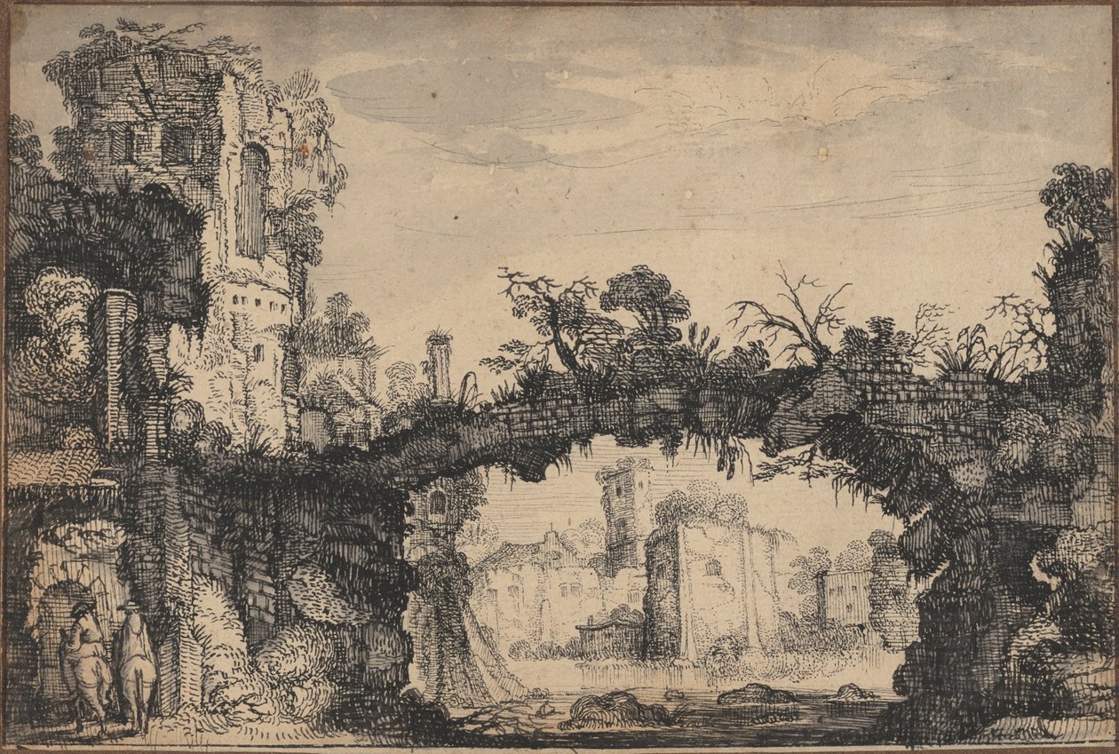 Paisaje con ruinas (anverso); Cabeza de mujer y animales (reverso) de Jan Van de Velde