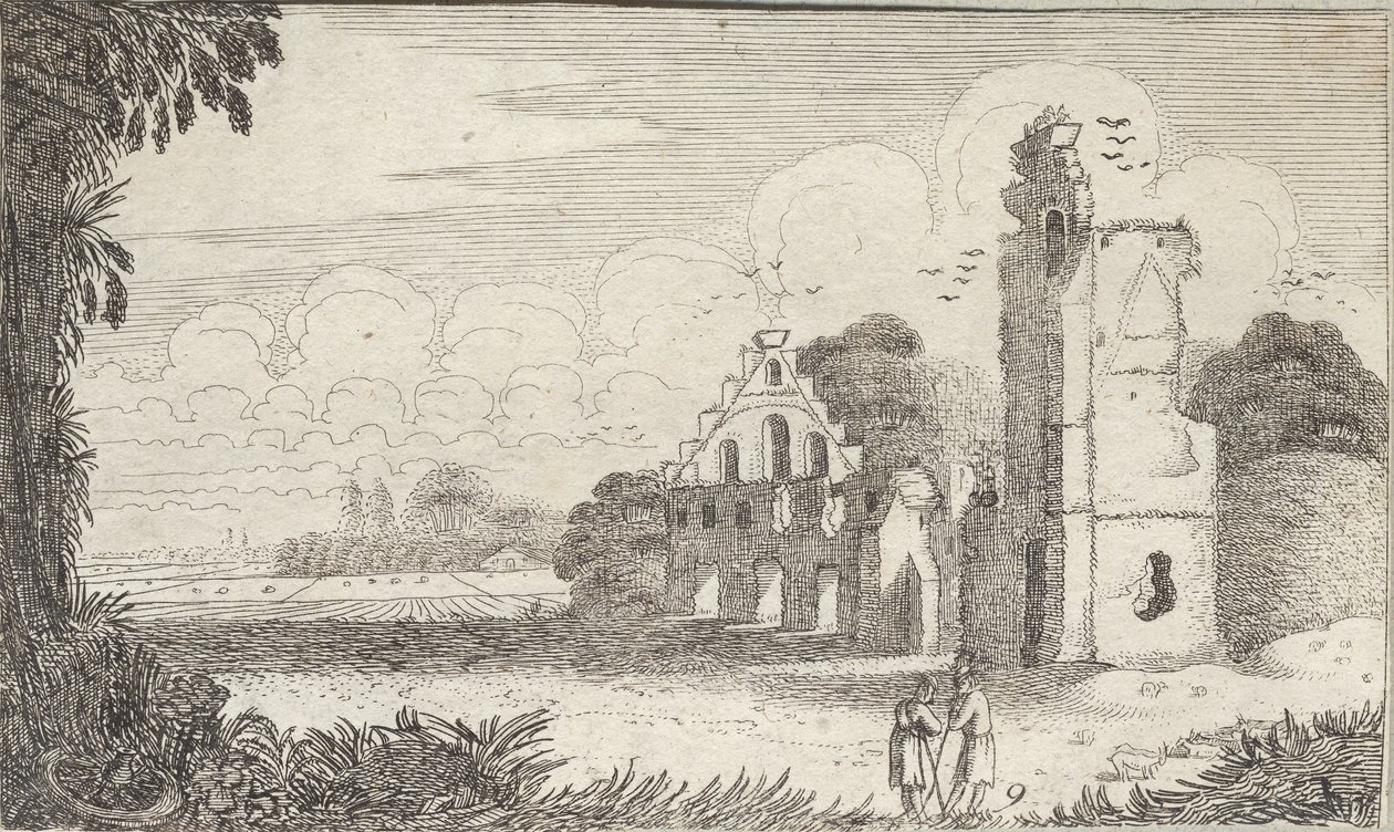 Paisaje con una iglesia en ruinas y dos pastores conversando de Jan Van de Velde