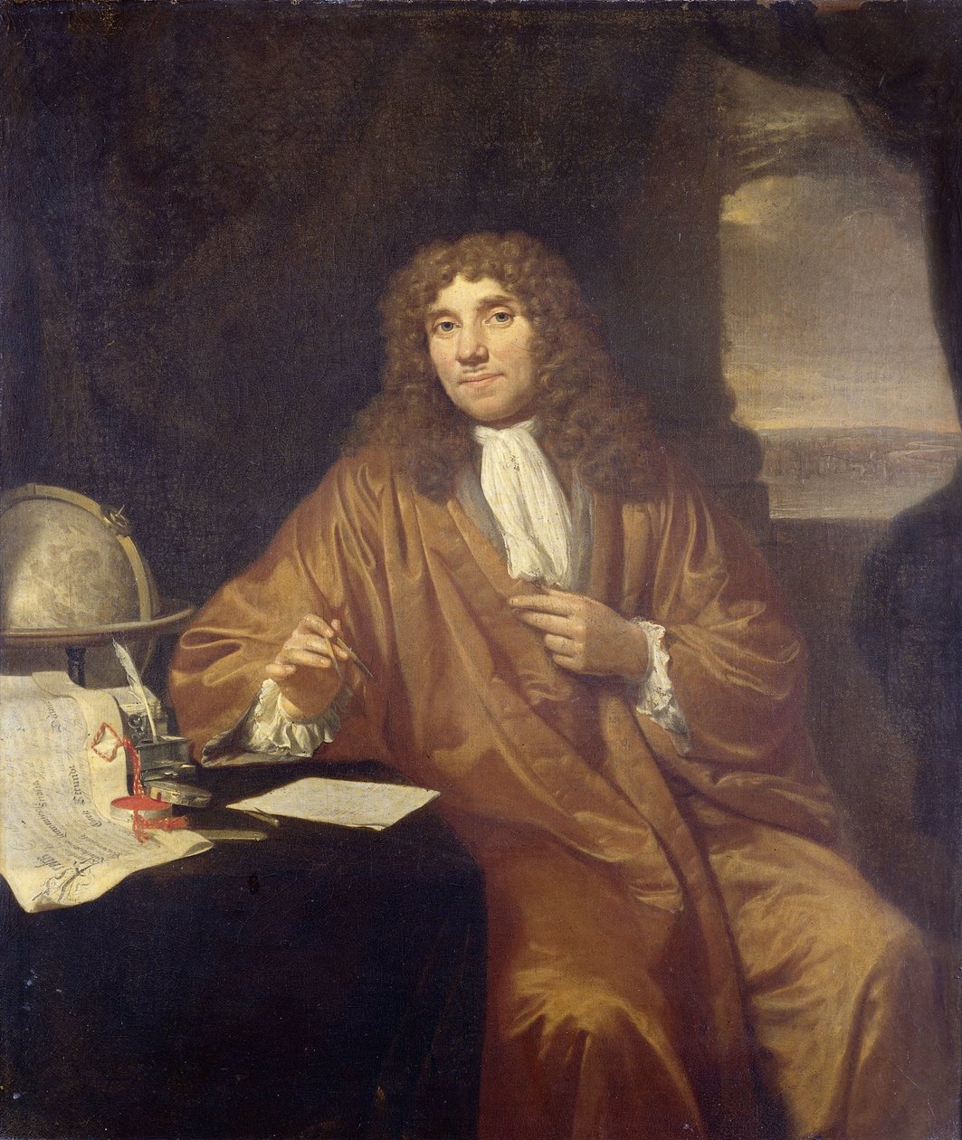Retrato de Anthonie van Leeuwenhoek, filósofo naturalista y zoólogo en Delft de Jan Verkolje (I)