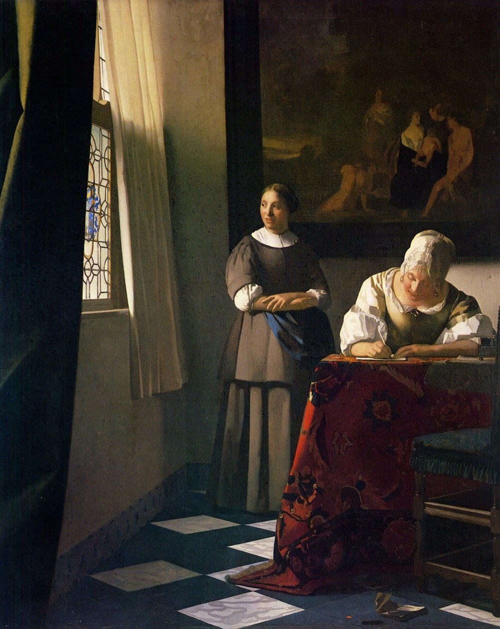 Dama Escribiendo una Carta con su Criada de Jan Vermeer van Delft