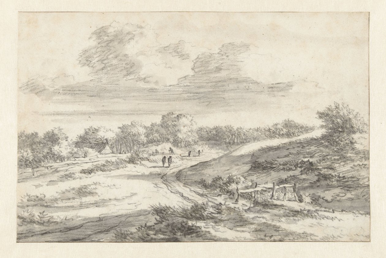Paisaje de dunas con figuras a lo largo de un camino, con una cabaña en la distancia de Jan Vermeer van Haarlem (I) (attributed to)