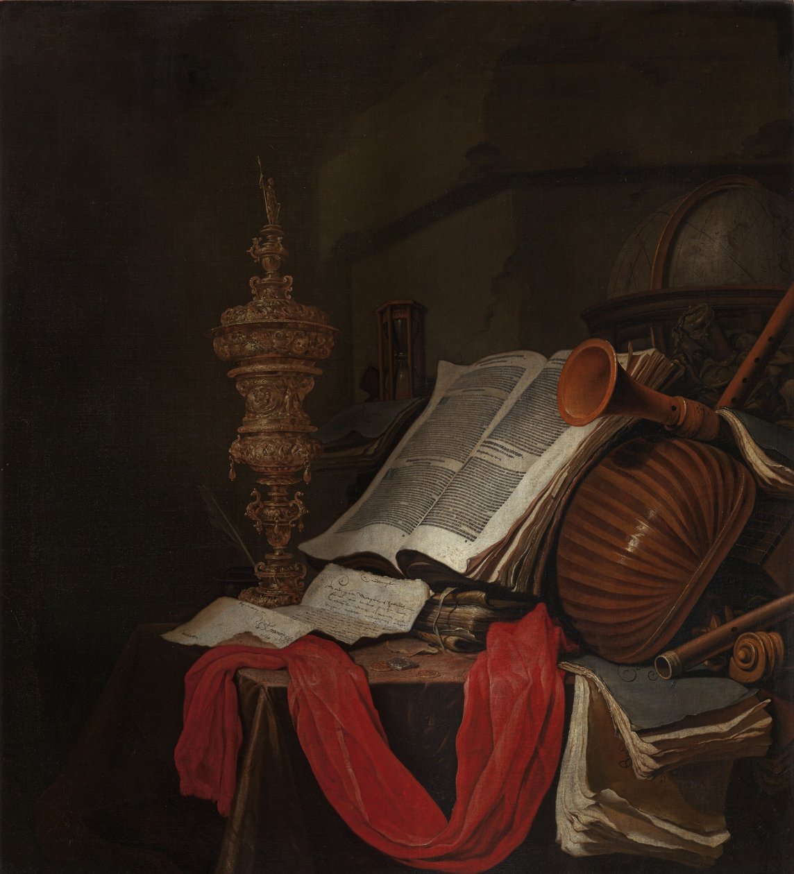 Naturaleza muerta con instrumentos musicales y libros Vanitas de Jan Vermeulen