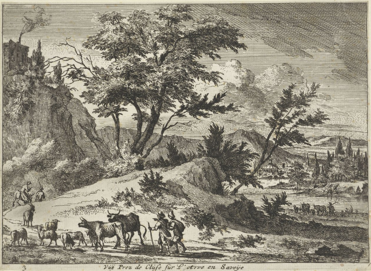 Vista de una carretera cerca de Cluses en el Arve, Saboya Vue Prez de Cluse sur L´Arve en Savoije (título sobre objeto) Rostros en Saboya (título de la serie) de Jan Vincentsz. van der Vinne