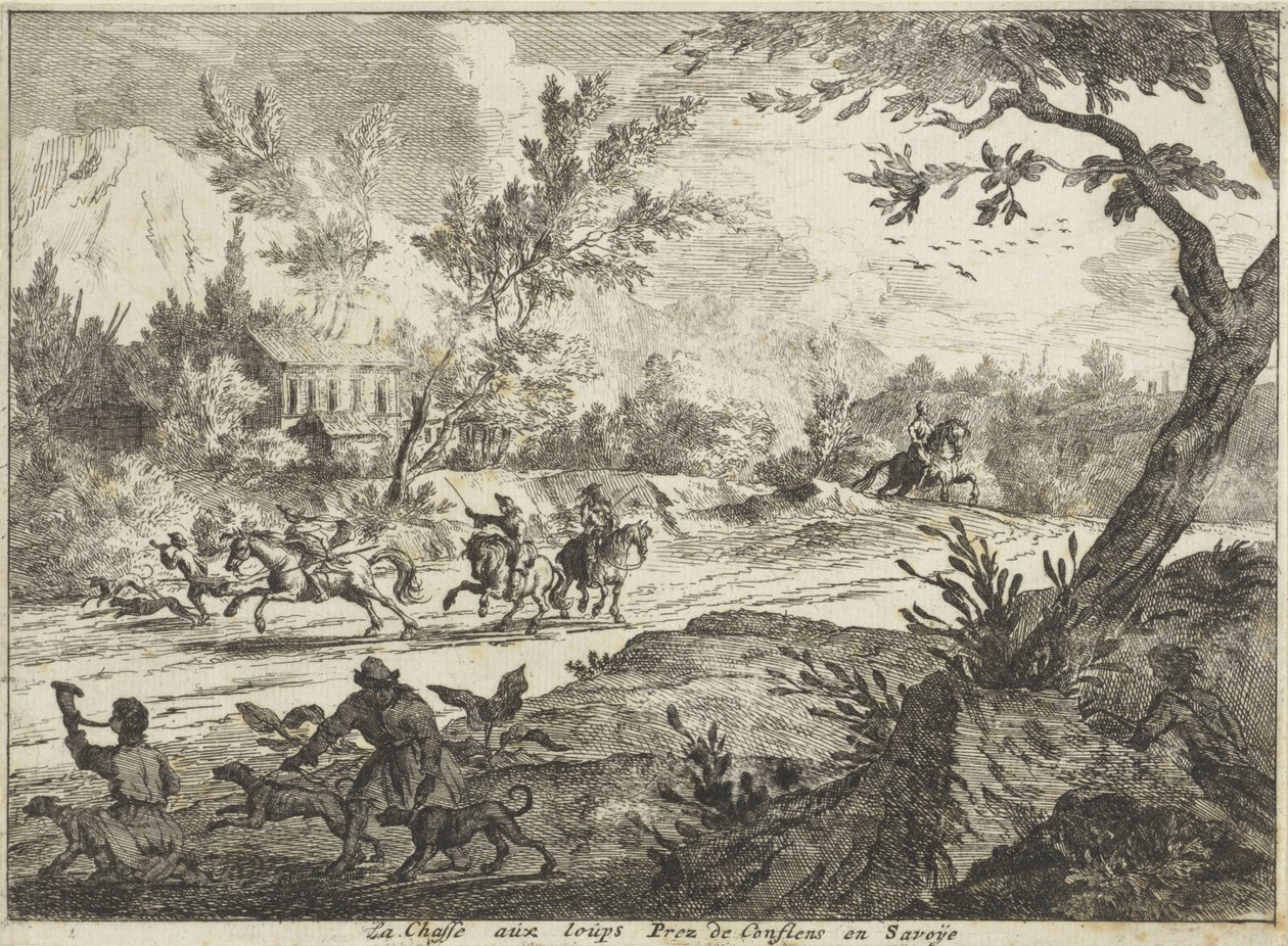 Caza de lobos en Conflans, Saboya La Chasse aux Loups Prez de Conflans en Savoije (título sobre el objeto) Rostros en Saboya (título de la serie) de Jan Vincentsz. van der Vinne